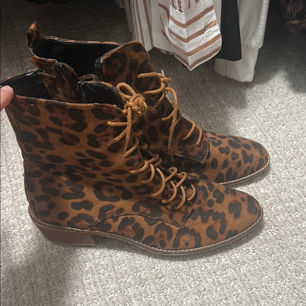Roolee Brown Lace Up Boots with Leopard Print